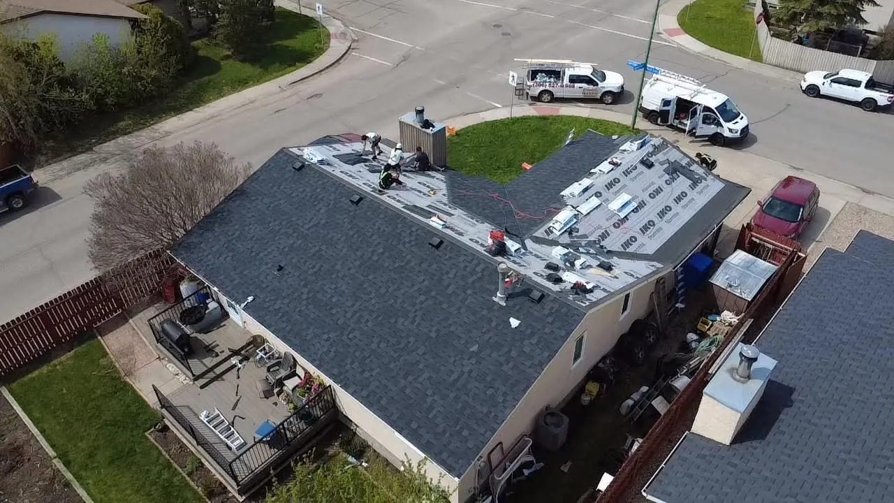 Drone view of shingle installation by Makan Roofing in Regina Saskatchewan
