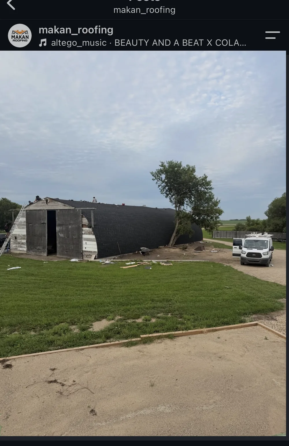 Completed 150-bundle black shingle commercial roof on quonset building, Makan Roofing job near Regina Saskatchewan